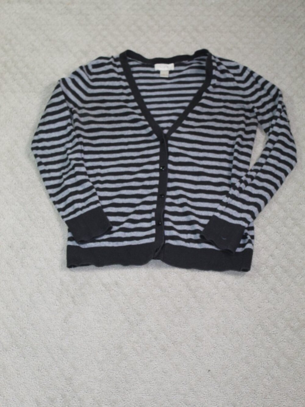 Loft Size M 100% Cotton Black Grey Striped Button Front Long Sleeve Cardigan